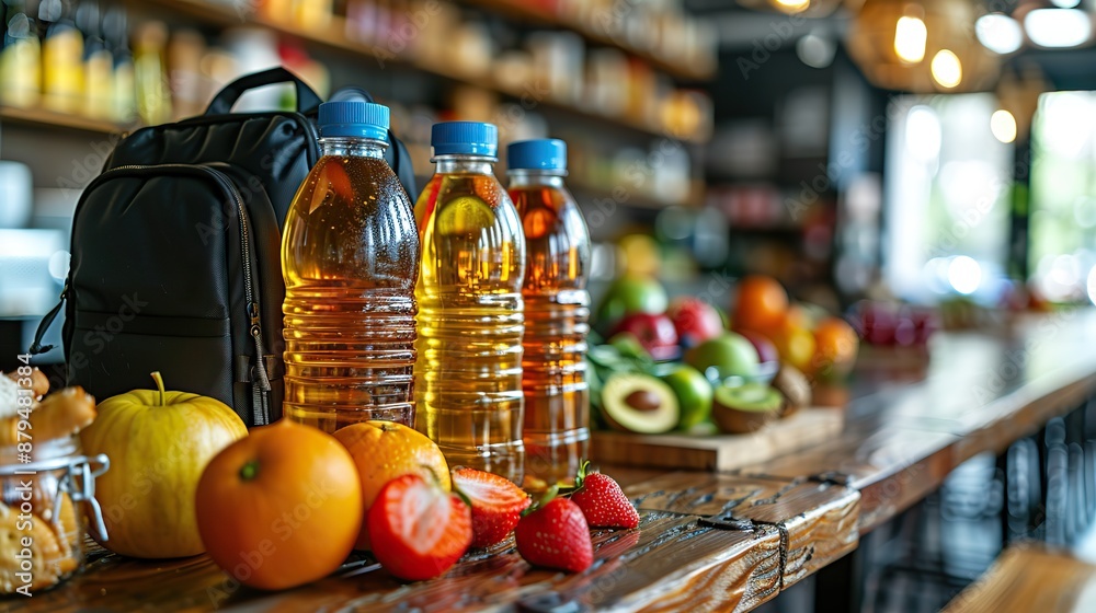school backpack,supplies kids lunch box,sandwich fruits vegetables bottles of water,juice on wooden table,stock image school backpack,supplies kids lunch box,sandwich fruits vegetables bottles of water,juice on wooden table,stock image