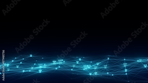 Dark cyberspace in digital background. Abstract technology wave with motion glowing dots and lines. Connection big data. Futuristic wireframe texture. Analysis a network connection. 3D rendering.