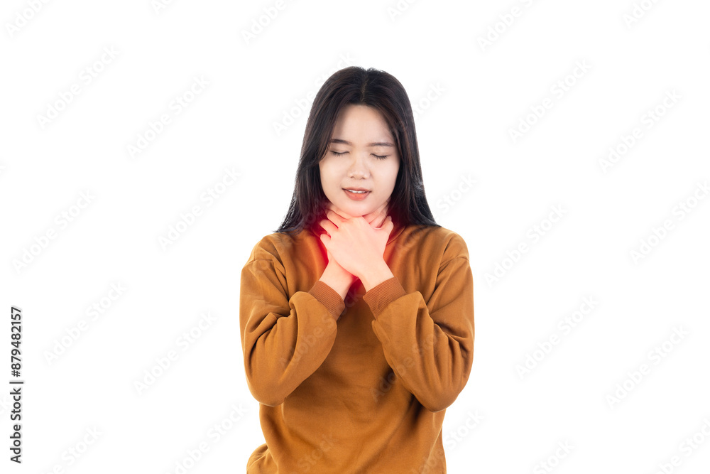 Young Asian woman has a sore throat isolated on white background with clipping path. Young Asian woman has a sore throat isolated on white background with clipping path.