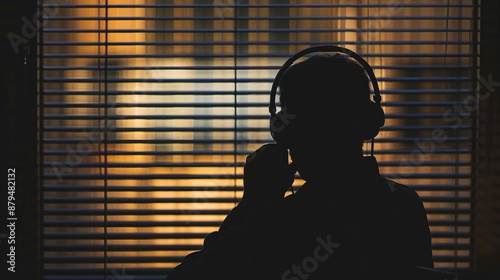 A person sits by a window with blinds, wearing headphones, with warm light flooding the scene. The image captures a moment of introspection and calm.