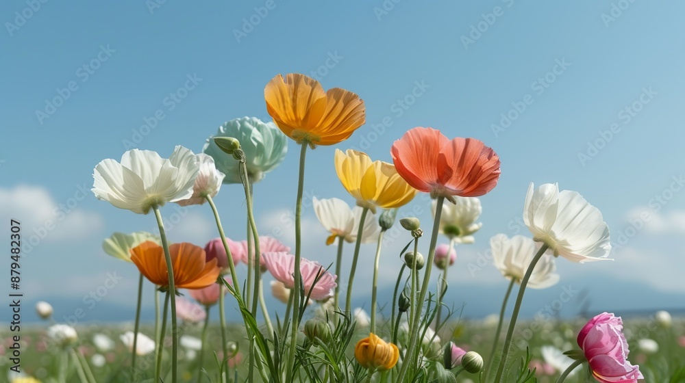 Fields of blooming spring flowers in various colors creating a picturesque landscape of natural beauty and renewal Illustration, Image, , Minimalism, Fields of blooming spring flowers in various colors creating a picturesque landscape of natural beauty and renewal Illustration, Image, , Minimalism,