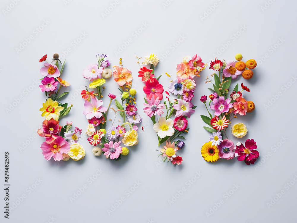 Flowers on a white background form the letters LOVE
