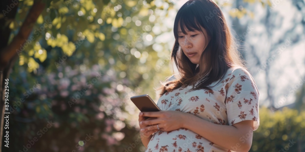 Naklejka premium A pregnant woman looks at her cell phone on the go