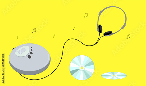 Retro old portable walkman CD player  with earphones and CD on yellow background. Vintage music player entertainment from 90s, 1990 technology, vector illustration. 
