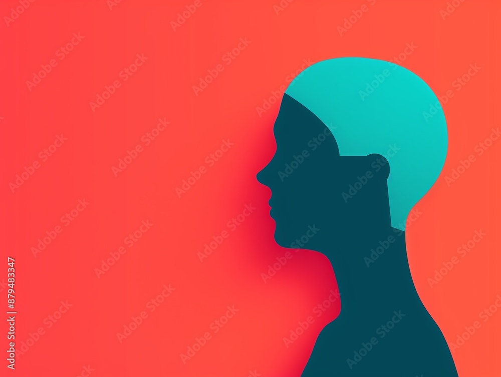 Silhouette of a person's head with a blue thought bubble on a red background. Silhouette of a person's head with a blue thought bubble on a red background.