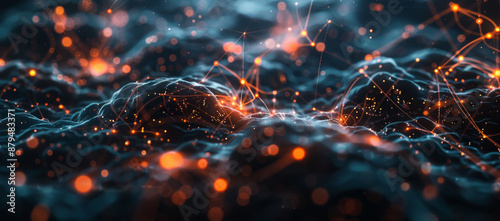 Wallpaper Mural Abstract background, glowing neurons, dark brown, orange, black palette, dust particles, light beams, neural network, 3D rendering. Torontodigital.ca