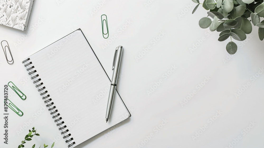 A flat lay of a minimalist notebook, a single pen, and a few paper clips on a clean, white desk A flat lay of a minimalist notebook, a single pen, and a few paper clips on a clean, white desk