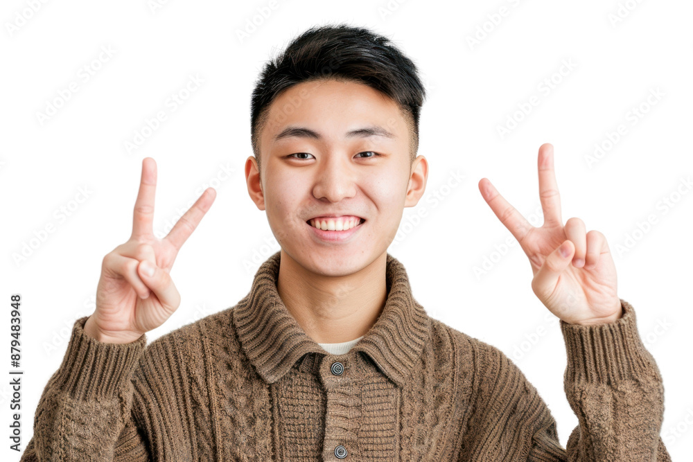 PNG Person making a peace sign finger cheerful portrait. PNG Person making a peace sign finger cheerful portrait.
