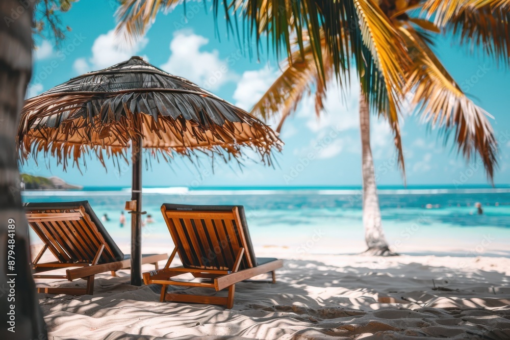 Two wooden lounge chairs under thatched umbrellas and palm trees on a sandy beach. Overlooks a clear, blue sea, ideal for a serene and tropical vacation. Two wooden lounge chairs under thatched umbrellas and palm trees on a sandy beach. Overlooks a clear, blue sea, ideal for a serene and tropical vacation.