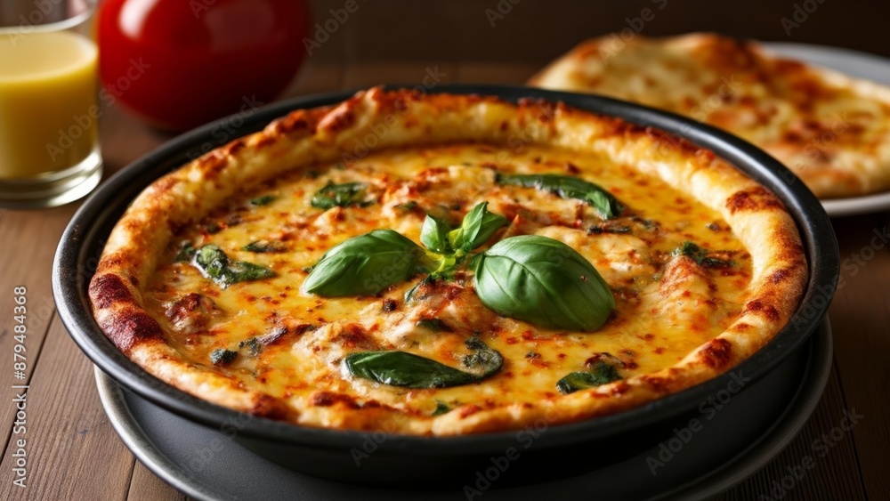 Delicious cheesy pizza with fresh basil ready to be enjoyed Delicious cheesy pizza with fresh basil ready to be enjoyed