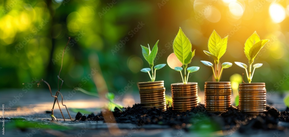 Small plants growing from stacked coins in soil, symbolizing investment, growth, and sustainable financial success. Small plants growing from stacked coins in soil, symbolizing investment, growth, and sustainable financial success.