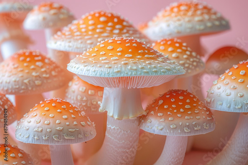 A group of royal mushrooms stacked artistically on a pastel pink background, photo