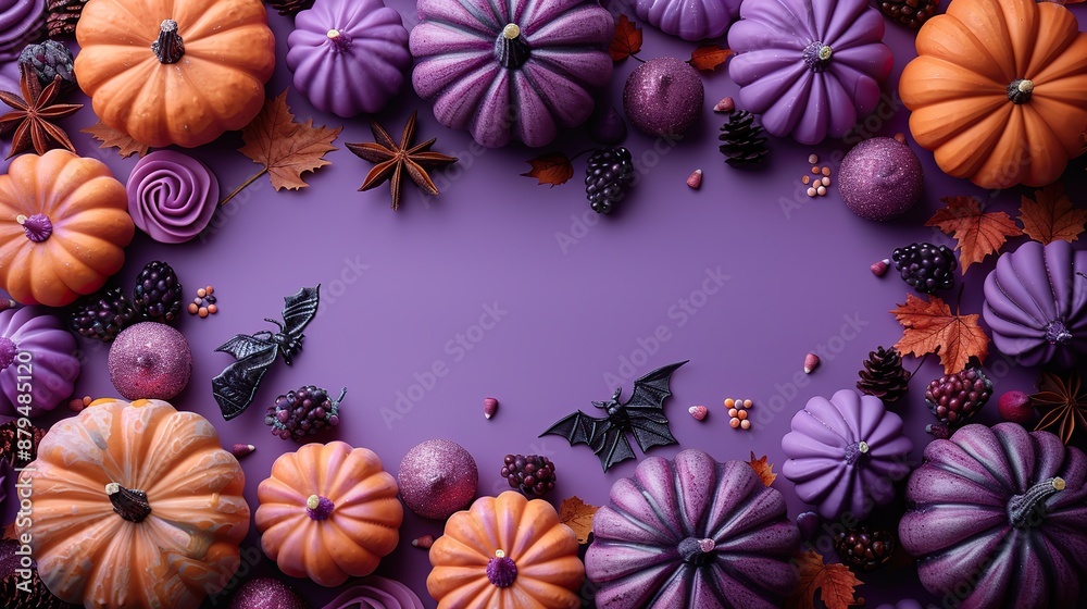 halloween party decorations on purple background flat lay top view,image halloween party decorations on purple background flat lay top view,image