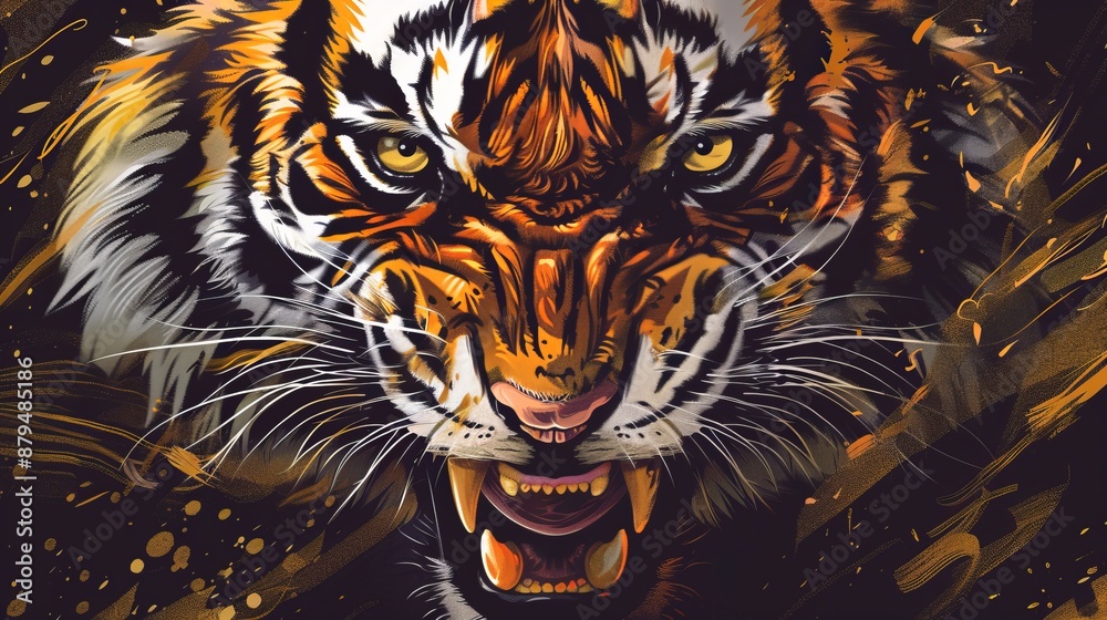 Illustrated image of a tiger with a fierce glare, featuring dramatic colors and intricate details. This artwork captures the wild intensity and powerful presence of the tiger.