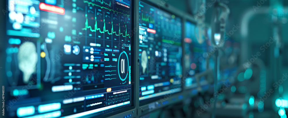 Futuristic digital display showing brain imagery and data in high-tech laboratory.