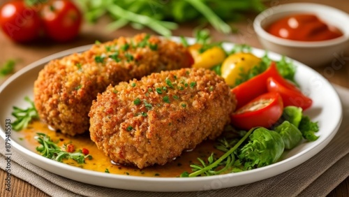  Deliciously seasoned meatballs with a vibrant sauce served on a bed of fresh vegetables