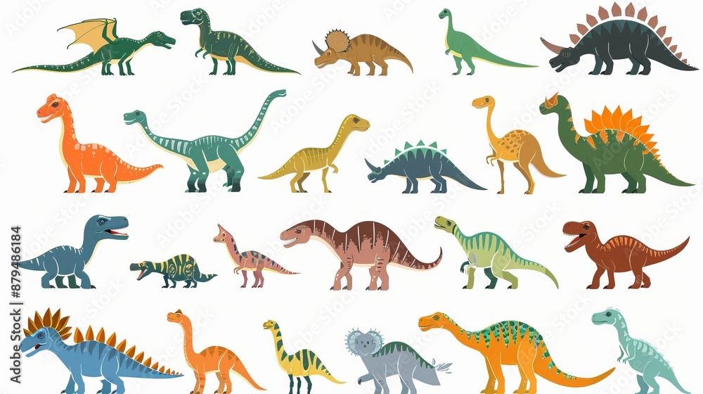 An image of assorted cartoon dinosaurs in a flat vector illustration, showcasing various dinosaur species in a green and brown-themed depiction, appealing to kids and enthusiasts. An image of assorted cartoon dinosaurs in a flat vector illustration, showcasing various dinosaur species in a green and brown-themed depiction, appealing to kids and enthusiasts.