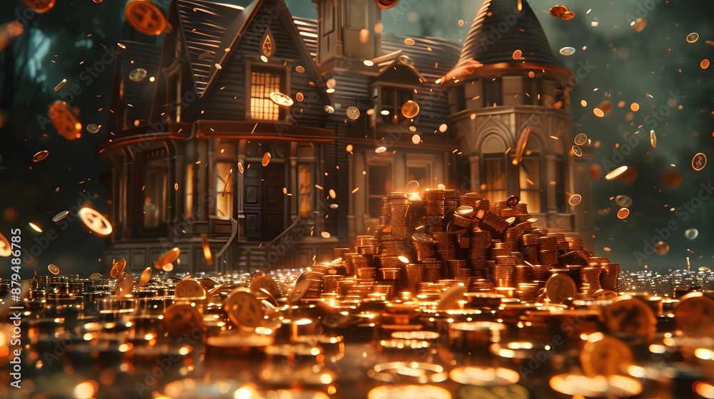 Obraz premium A pile of gold coins is scattered around a house