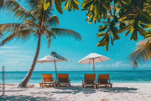 A picturesque beach scene showing four lounge chairs under umbrellas and by the shade of palm trees, overlooking the calm and clear ocean, perfect for relaxation and tranquility. © Milos