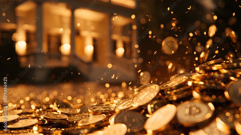 A pile of gold coins is scattered around a house A pile of gold coins is scattered around a house