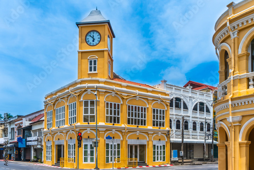 Old town or old buildings with clock tower in Sino Portuguese style is famous landmark of Phuket Thailand