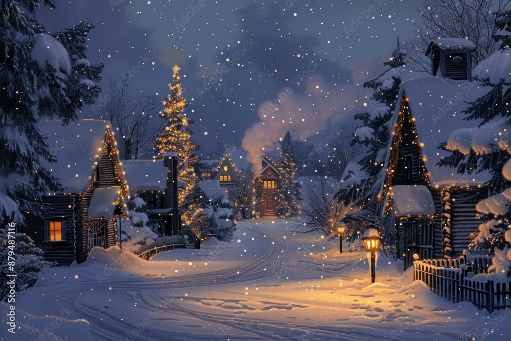 Fototapeta premium Snowy christmas eve in a small town, with christmas lights illuminating the snow