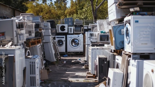 An outdoor yard filled with various discarded washing machines, showcasing the need for recycling and the challenges of disposing of electronic and household waste sustainably.
