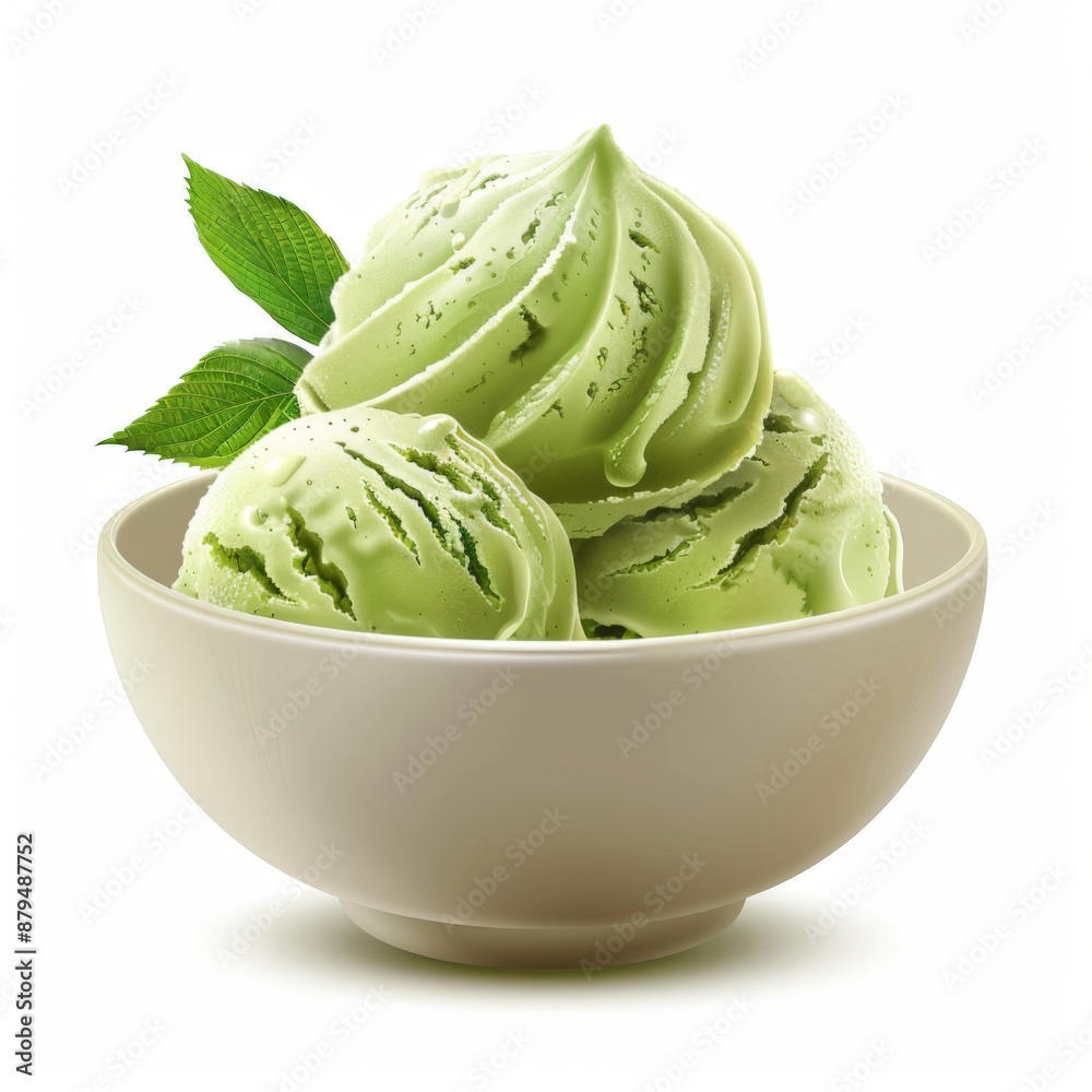 A bowl of green tea ice cream, featuring three scoops with mint leaves. A bowl of green tea ice cream, featuring three scoops with mint leaves.