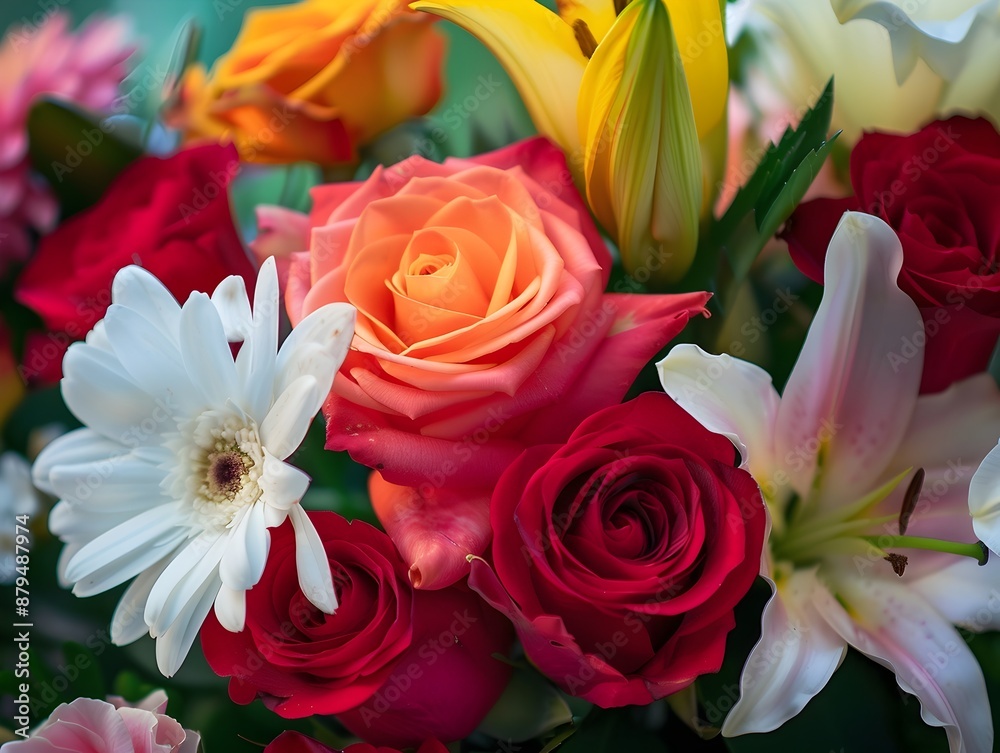 Fototapeta premium A vibrant bouquet featuring red roses, an orange-pink rose, white daisies, yellow lilies, and white lilies with pink accents, all set against lush green foliage.