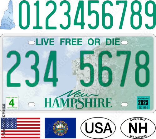 New Hampshire state car license plate pattern, letters, numbers and symbols, vector illustration, USA, United States