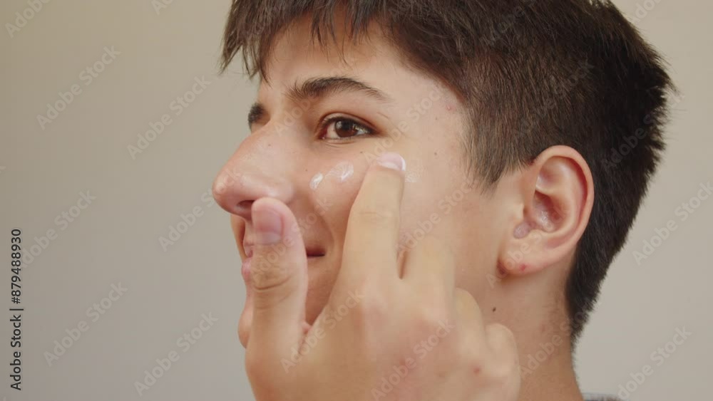 A Caucasian teenager puts dots of white cream on his face, rubs them and smiles. Gaining skin care skills. Skin care cosmetics. Metrosexual. Facial skin care concept. Close up A Caucasian teenager puts dots of white cream on his face, rubs them and smiles. Gaining skin care skills. Skin care cosmetics. Metrosexual. Facial skin care concept. Close up
