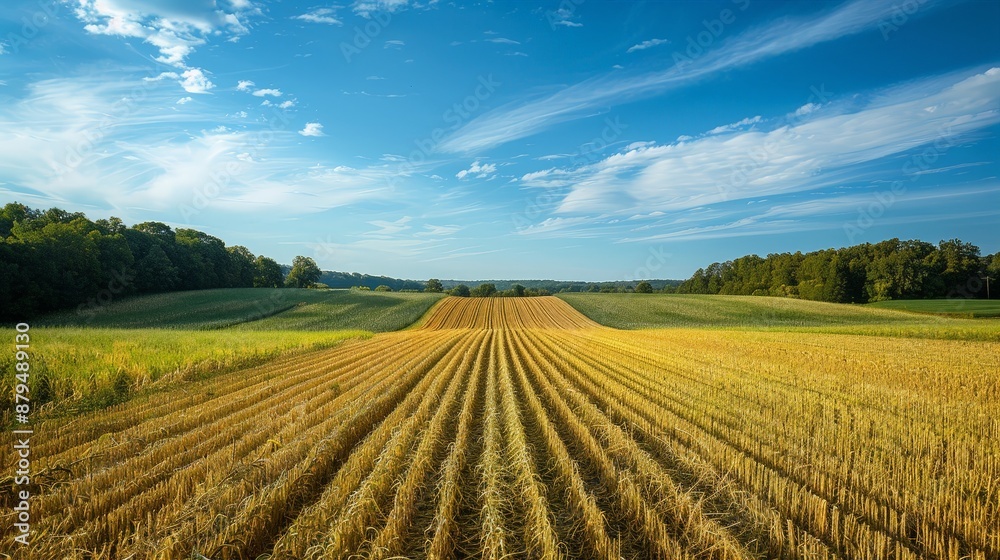 A rural farm landscape, fields of crops stretching to the horizon under a clear blue sky A rural farm landscape, fields of crops stretching to the horizon under a clear blue sky