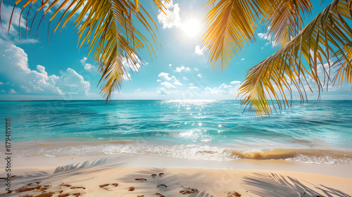 Tropical island paradise sea beach, beautiful nature landscape, coconut palm tree leaves, turquoise ocean water, sun blue sky white cloud, sand, Caribbean, Maldives, Thailand summer holidays, vacation