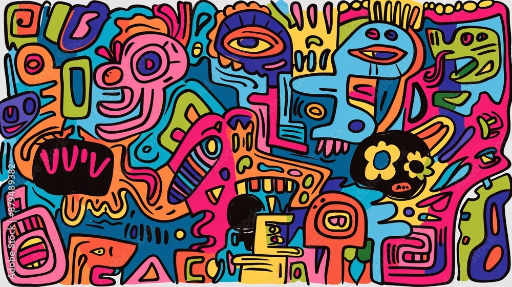 An abstract, colorful mural brimming with various shapes and patterns, interwoven to create a visually stimulating and dynamic piece of modern art. An abstract, colorful mural brimming with various shapes and patterns, interwoven to create a visually stimulating and dynamic piece of modern art.