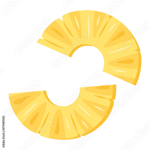 Fresh yellow pineapple ring halves slice icon set. Healthy vegetarian snack, cut Pineapple for design. Sliced on pieces ananas. Hand drawn trendy flat style isolated Vector illustration