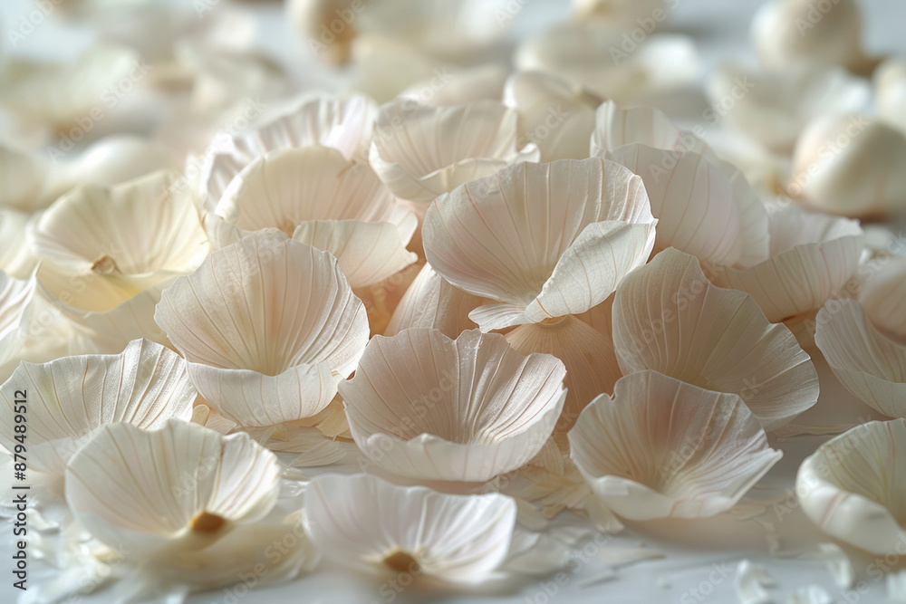 Close-up of fragmented garlic and delicate skins, creating a serene composition on white, Close-up of fragmented garlic and delicate skins, creating a serene composition on white,