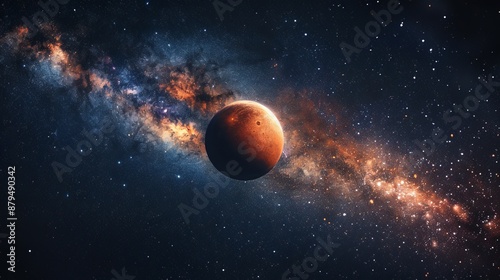 A breathtaking image of deep space featuring a vibrant galaxy stretching across the background and a large red planet situated prominently in the foreground.