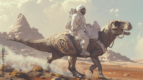 An astronaut in a space suit is riding a dinosaur through a desert landscape, creating a surreal and imaginative sci-fi scenario filled with adventure and fantasy elements.