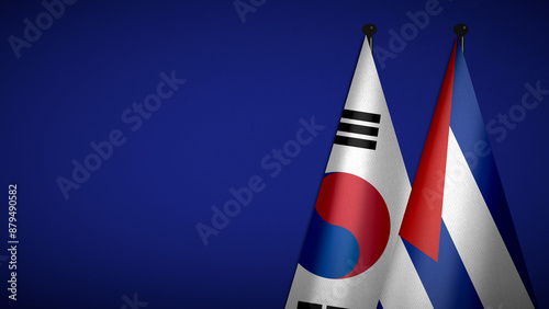 3D rendering of two flag from South Korea and Cuba on flagpoles with Blue background for diplomatic. bilateral relations. peace and conflict between countries. Fabric