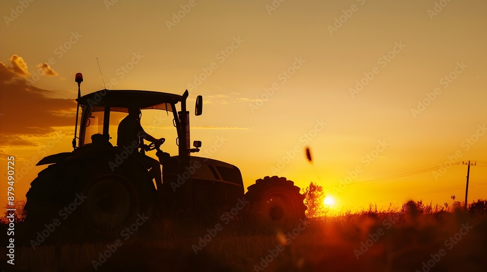 Fototapeta premium Silhouetted Farmer Steering Tractor During Harvest Season on Countryside Landscape