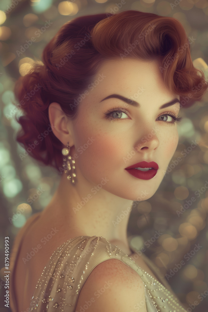 Stunning portrait of a woman with classic vintage style, featuring red ...