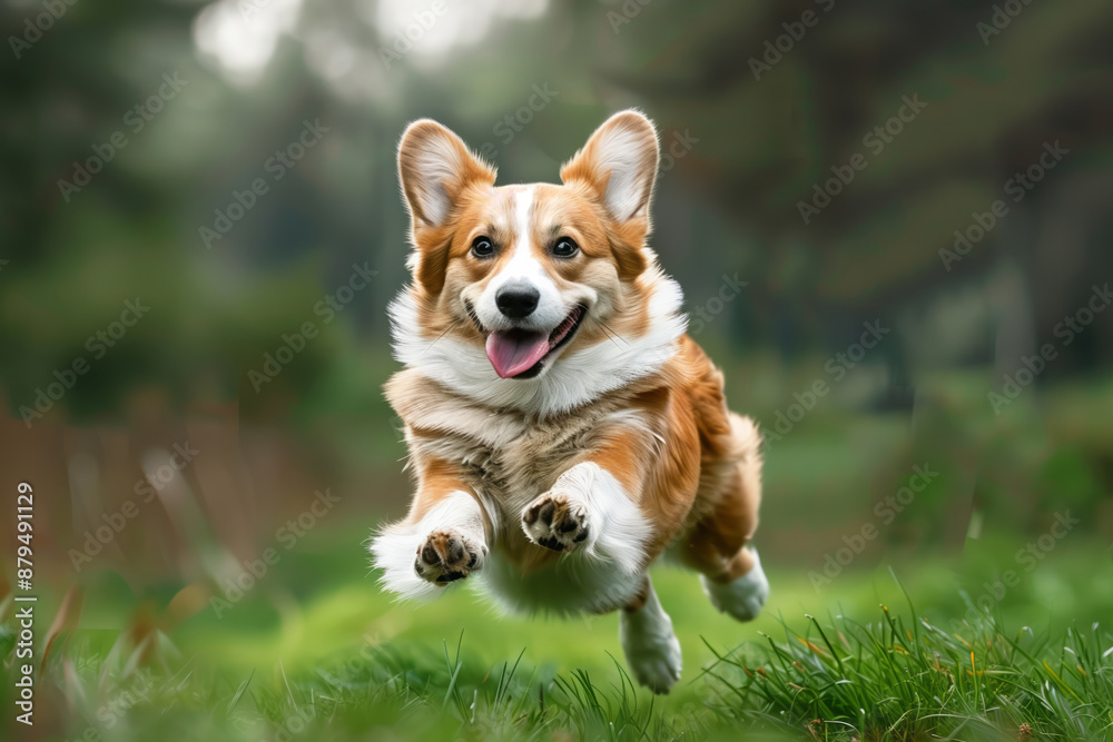Cute corgi dog running joyfully on a green field Cute corgi dog running joyfully on a green field