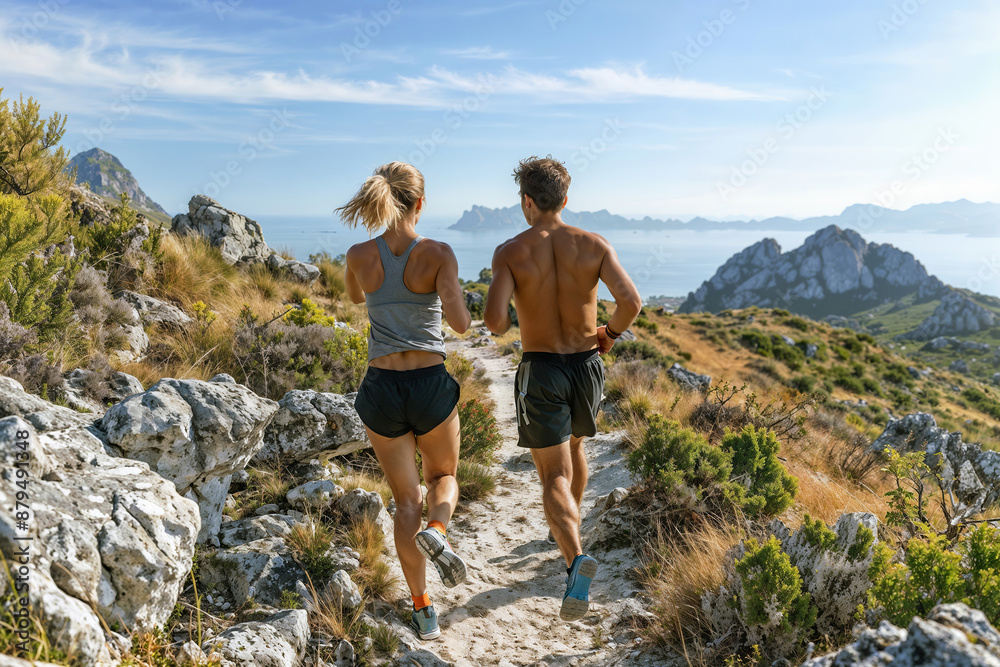 A couple runs along a mountain trail with stunning ocean views in the background. A couple runs along a mountain trail with stunning ocean views in the background.