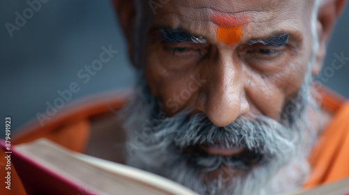 '' closeup of a Hare Krishna devotee reading the Bhagavad Gita with a focused expression 