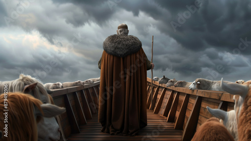 '' closeup of Noah on the Ark's deck surrounded by pairs of animals with stormy clouds clearing  photo