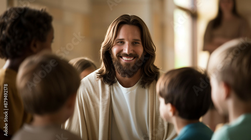 '' Jesus Christ surrounded by children with a loving smile and soft light  © fotogurmespb