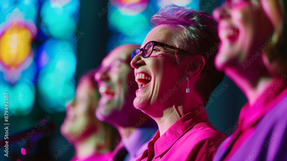 '' Protestant choir singing joyfully with colorful stained glass windows behind them and soft light streaming in '' Protestant choir singing joyfully with colorful stained glass windows behind them and soft light streaming in