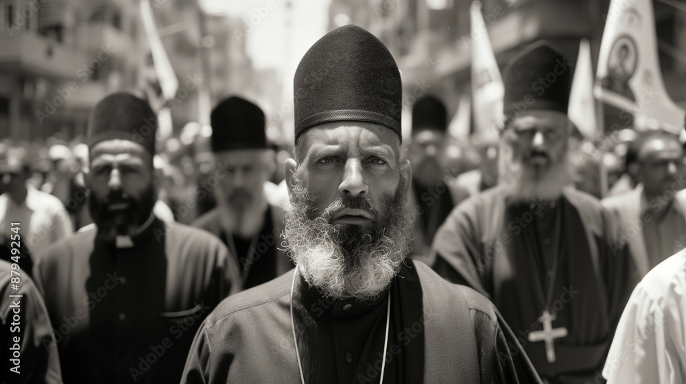 '' wide angle of an Orthodox procession with priests and believers carrying icons and banners through a city street '' wide angle of an Orthodox procession with priests and believers carrying icons and banners through a city street