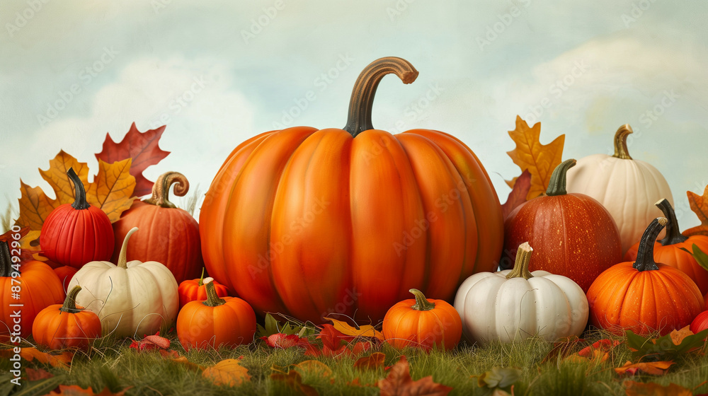 A giant pumpkin surrounded by smaller pumpkins of various sizes and colors, on a grassy field with autumn leaves A giant pumpkin surrounded by smaller pumpkins of various sizes and colors, on a grassy field with autumn leaves