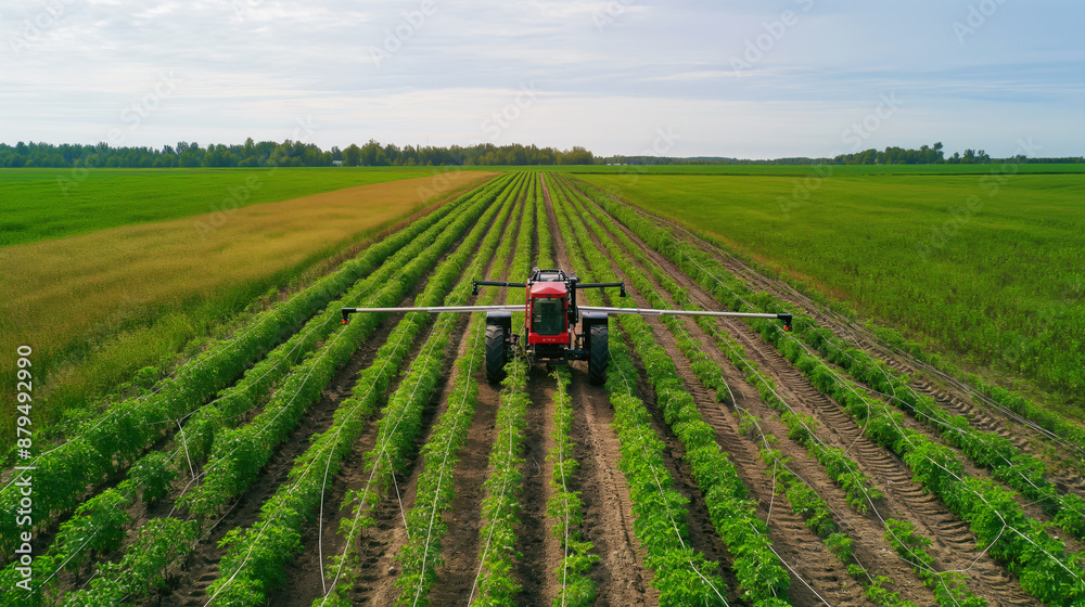 Aerial view of a tractor spraying crops in a vibrant green field Aerial view of a tractor spraying crops in a vibrant green field